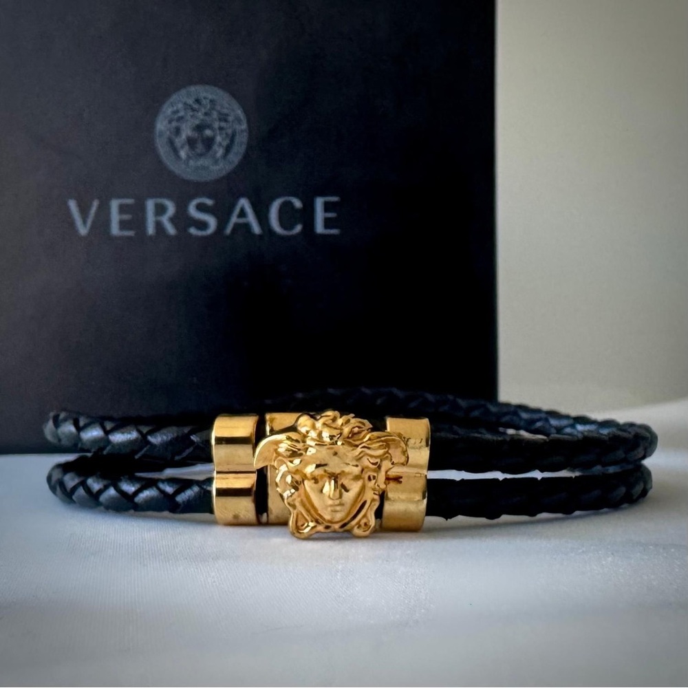 Versace Gold Medusa Double-Braided BlackLeather Strap Bracelet. Pre‑Owned.